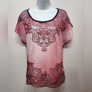 Cato‎ Blouse Medium Sheer Red Black Summer Casual Embellished Burn Out B648